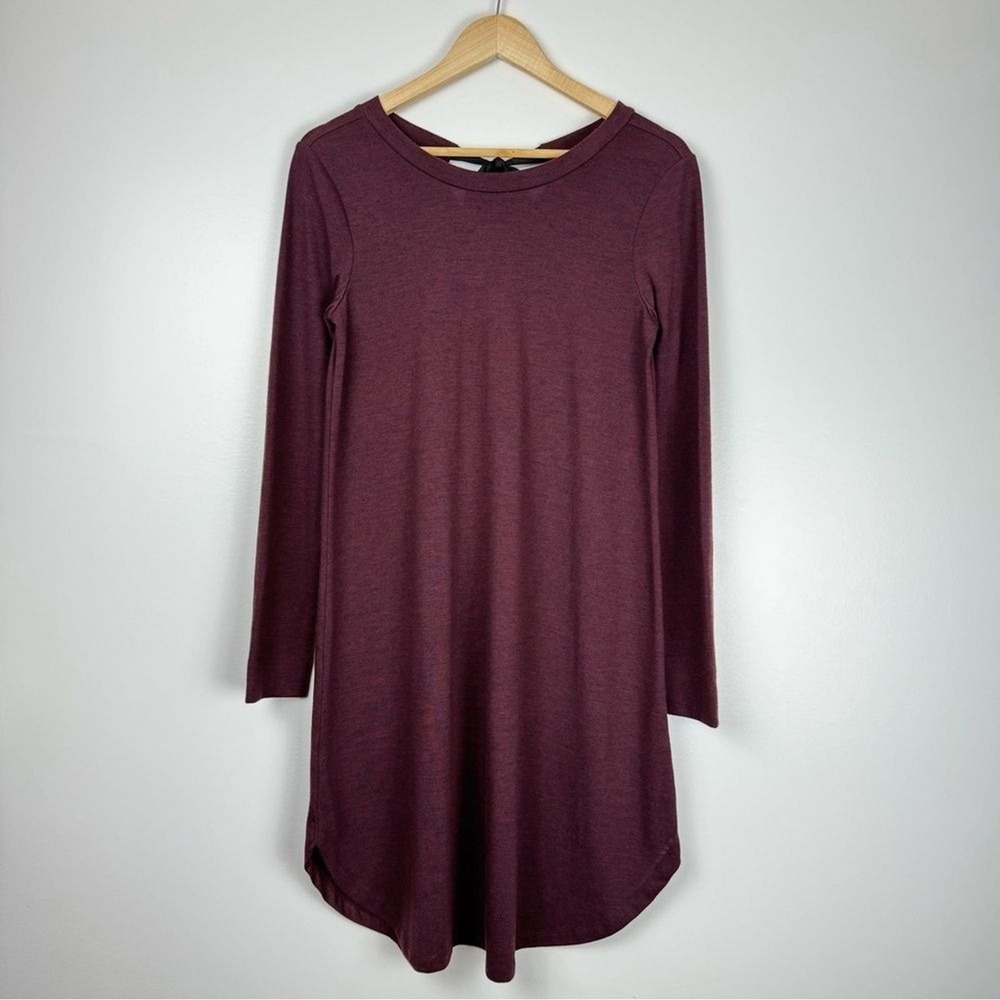LOFT Tunic Shirtdress Womens S Maroon Burgundy Jersey Knit Tie Neck Office - Picture 2 of 12